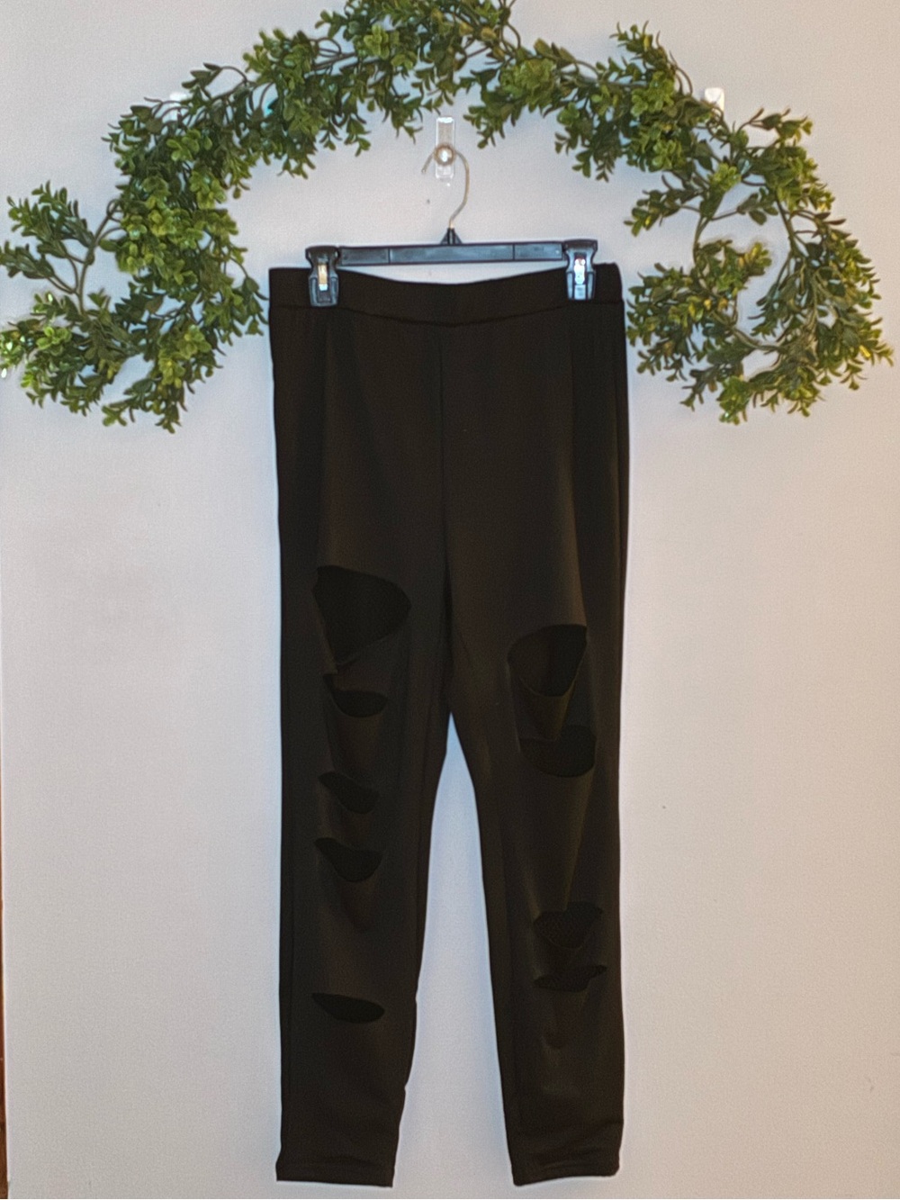 SHEIN Black Ripped Leggings with Fishnet Fabric